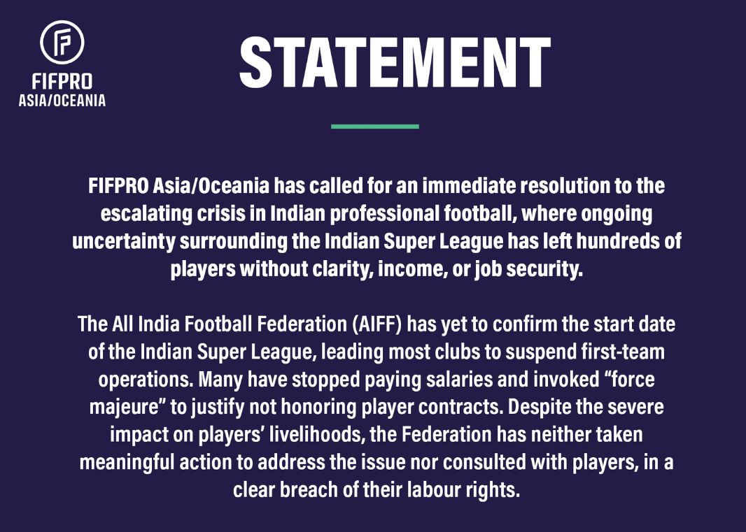 FIFPRO ने बयान जारी कर फीफा से भारतीय फुटबॉल संकट को सुलझाने के लिए हस्तक्षेप करने का आग्रह किया है